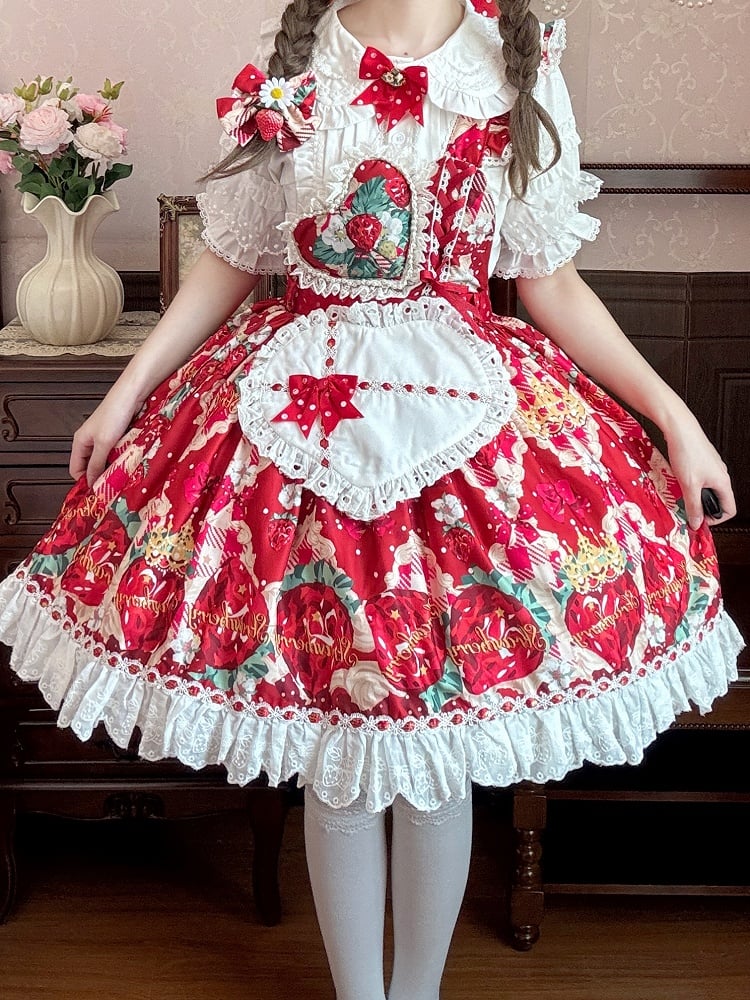Red Sweet Apron Dress Print Strap Overall Lolita One-shoulder with Strawberry Heart