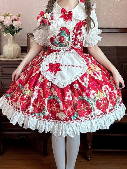 Red Sweet Apron Dress Print Strap Overall Lolita One-shoulder with Strawberry Heart