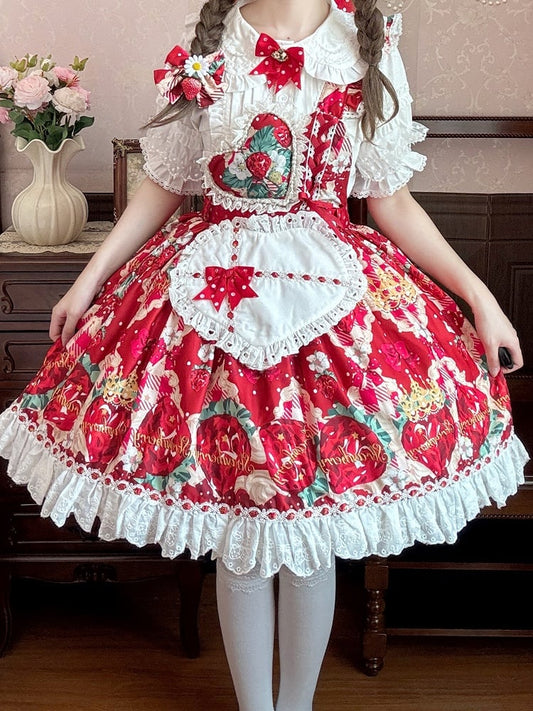 Red Sweet Apron Dress Print Strap Overall Lolita One-shoulder with Strawberry Heart