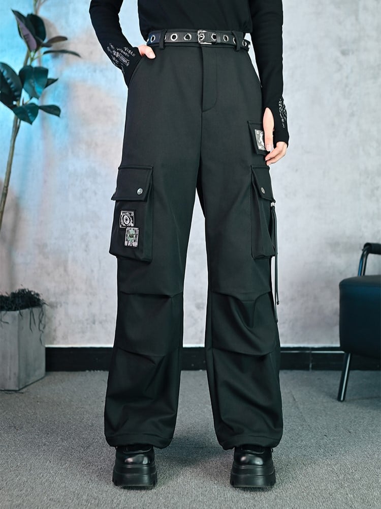 Drawstring Handcuffs Gothic Black Cheongsam Cargo Pants with Eyeball Embroidered Pockets ...