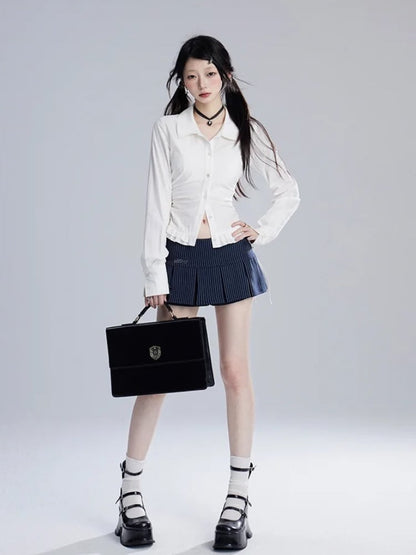 Marineblauer Rock mit Streifenmuster, niedrige Taille, adrette JK-Uniform, Kellerfalten-Minirock