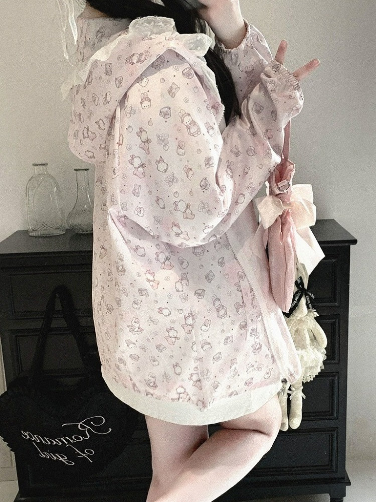 Bunny Print Hooded UV Protection Jacket, Pink & White, Ryousangata - Kitty Bxllet