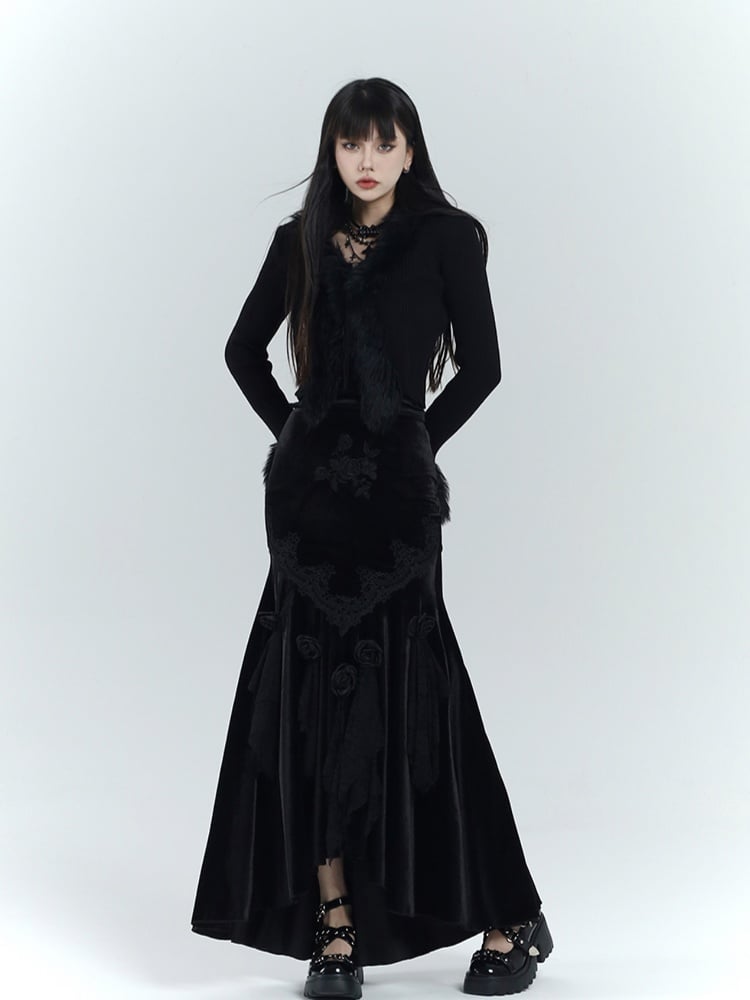 ゴシックブラックベルベットロゼットレーストリムハイローマーメイドスカート