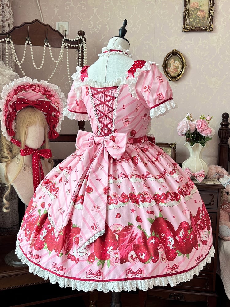 Set Erdbeerkleid Sweet Lolita Kurze Ärmel Volldruck Rosa