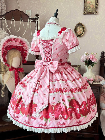 Set Erdbeerkleid Sweet Lolita Kurze Ärmel Volldruck Rosa
