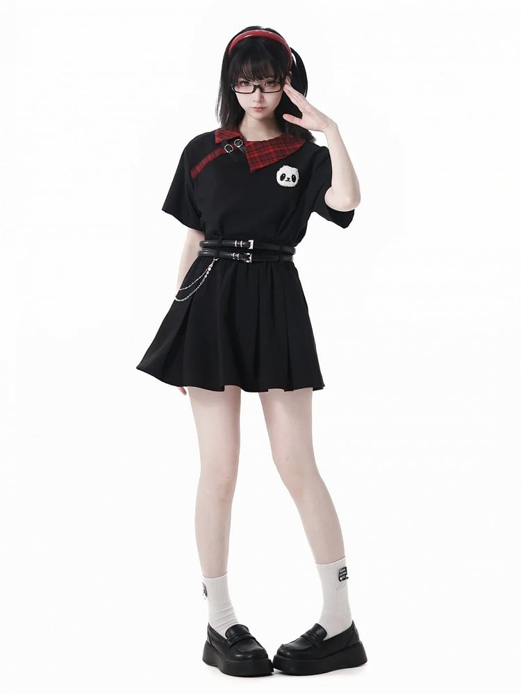 T-Shirt mit Panda-Trägern Plüschtier Rot karierter Kragen Schwarze Schnalle