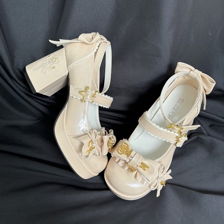Beige High-heel Lolita Heel Starry with Closure Magic Embroidery Shoes Hime Wand Snap