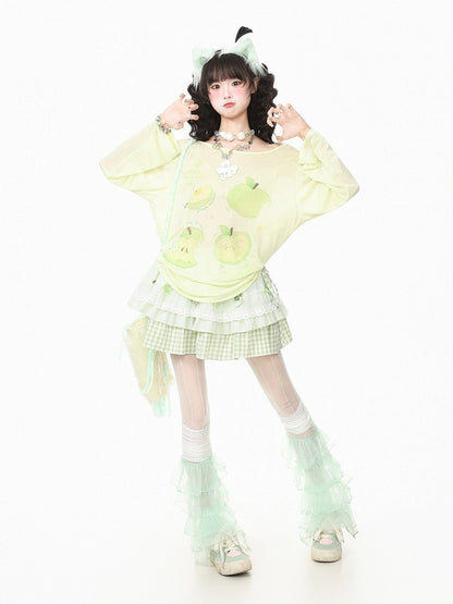 Breathable Apple-Print Long Sleeve Kawaii Top in Green for Warm Weather - Languid Park