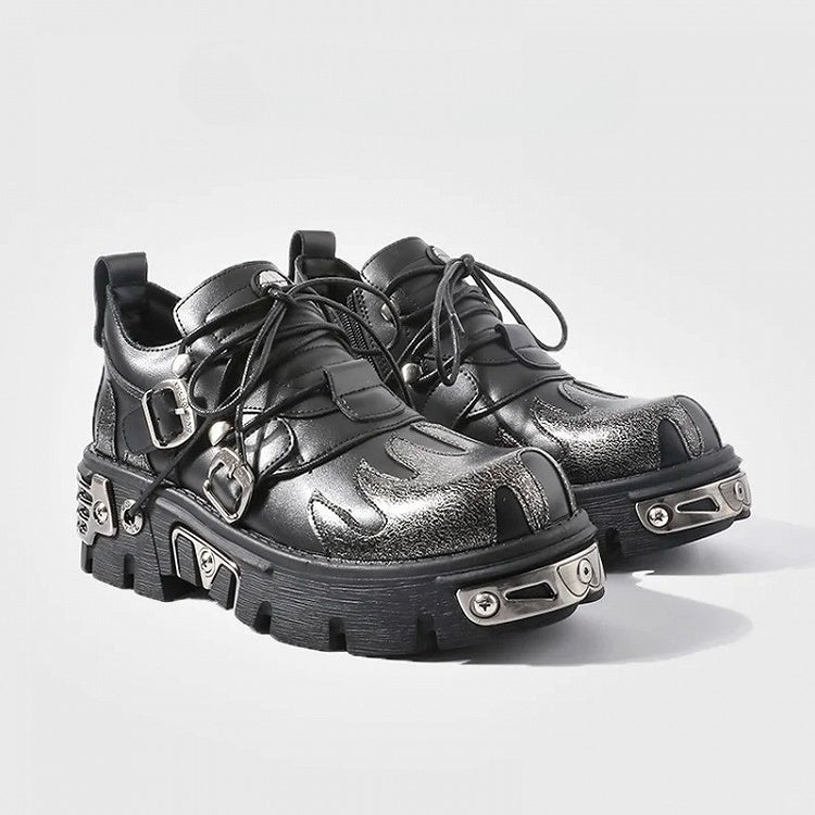 Sole Flame with Platform Triple Metal Plates Punk Closure - Detailing Shoes System Black