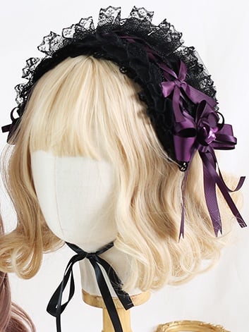 Black Bowknot Hairband With Gothic Purple Lace Rose and Gorgeous