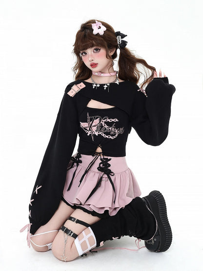 Shrug Knit Criss-cross Spicy Lace-Up Black Sweet Tank Set: Cropped Top