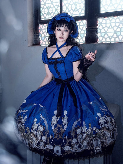 Cross Trim Black Gothic Skeleton Dress and Lace Lolita with Print Blue