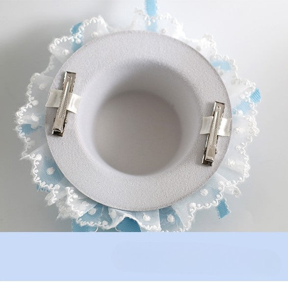 Weißblaues Design Schleife Blumenhut mit und Herz Süße Mini Lolita Clips Details