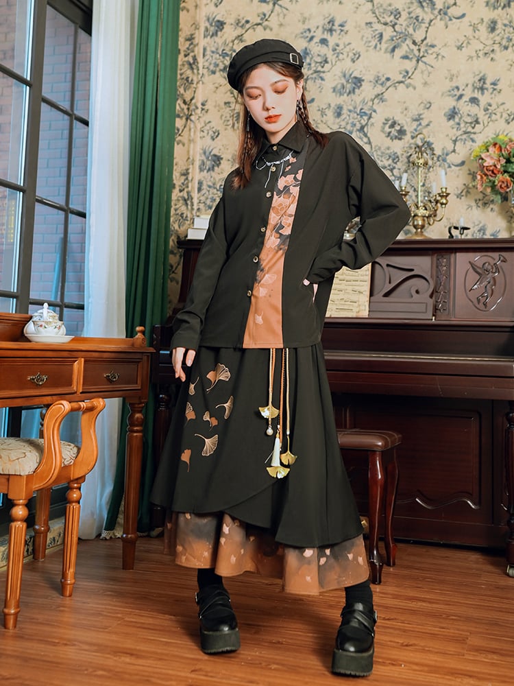 Cheongsam with Skirt Asymmetrical Layers Black Print Gothic Ginkgo Orange