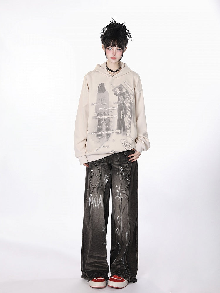 Black Closure Lines Visible Zipper Tie-Dye Graffiti Wide-Leg Jeans with Flowing