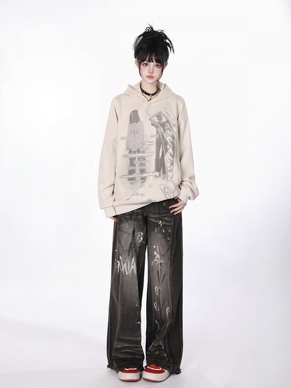 Black Closure Lines Visible Zipper Tie-Dye Graffiti Wide-Leg Jeans with Flowing