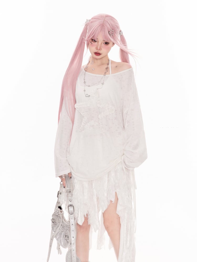 ホワイトのアシンメトリーネックライン、フリル付きスタードローストリングサイドカバーアップ