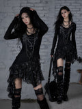 Asymmetric Tiered Lace Dress Cross with Hood Black Hem Print Punk