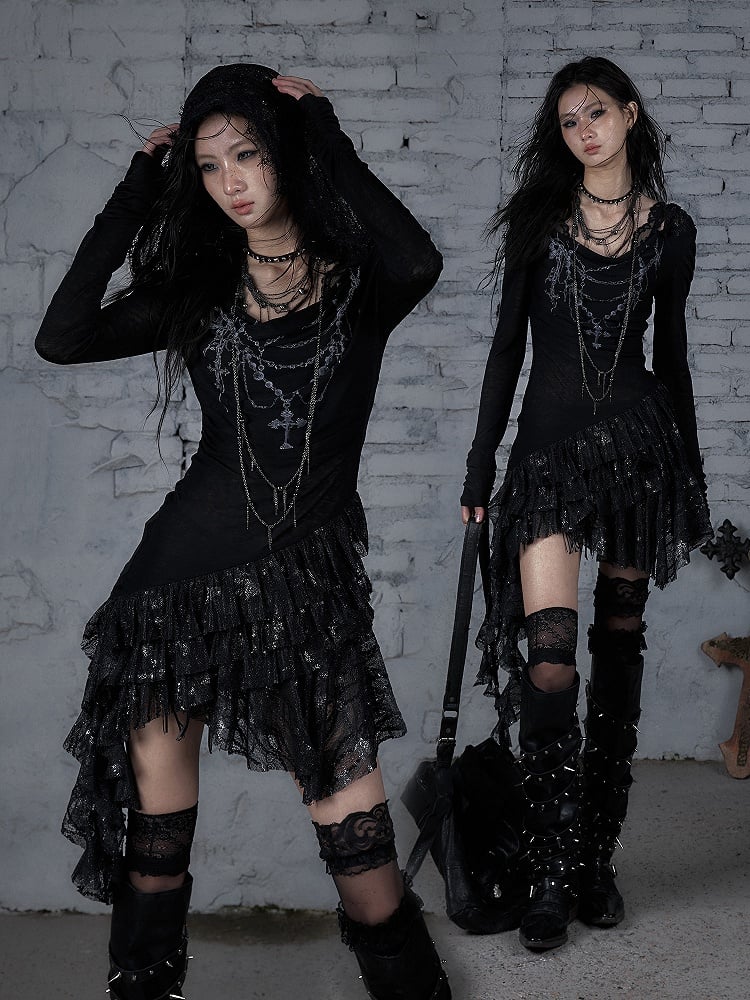Asymmetric Tiered Lace Dress Cross with Hood Black Hem Print Punk