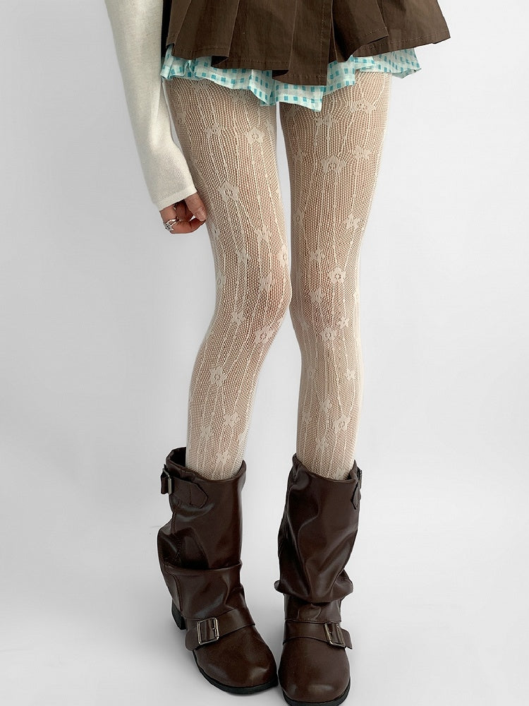 Tights Hollow-out Details Design Floral Beige