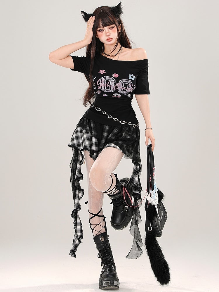 ブラック/ホワイト ルーシュウエスト アシンメトリーネックライン スリムフィット グラフィックTシャツ