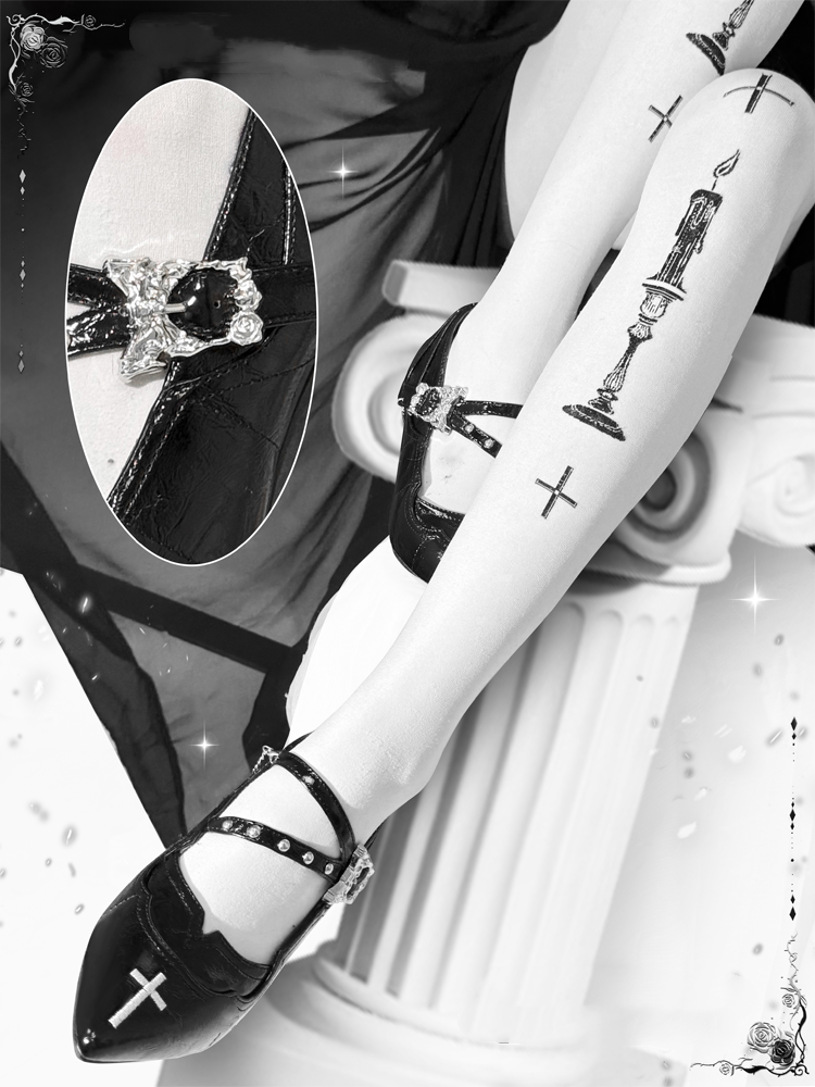 Toe Gothic Heel Black Jane Pointed Dark Mary Embroidery Cross Shoes Chunky 7cm