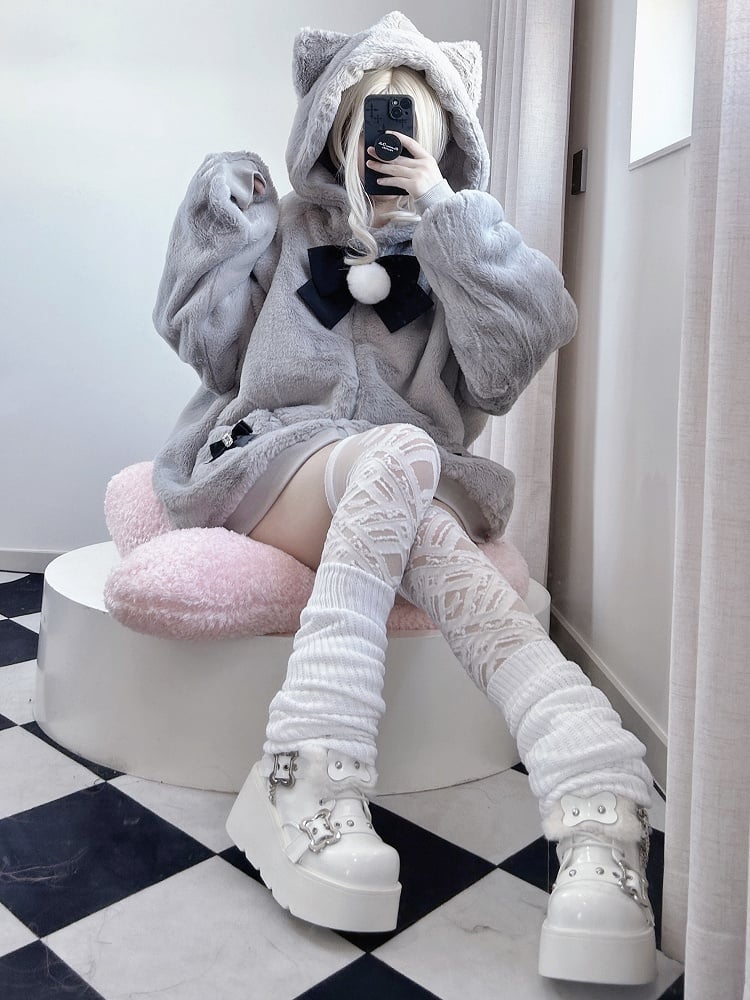 12 Kitty-Ear Jacket Bows Detachable Hooded with Pompom Jirai Available Colors Plush Kei