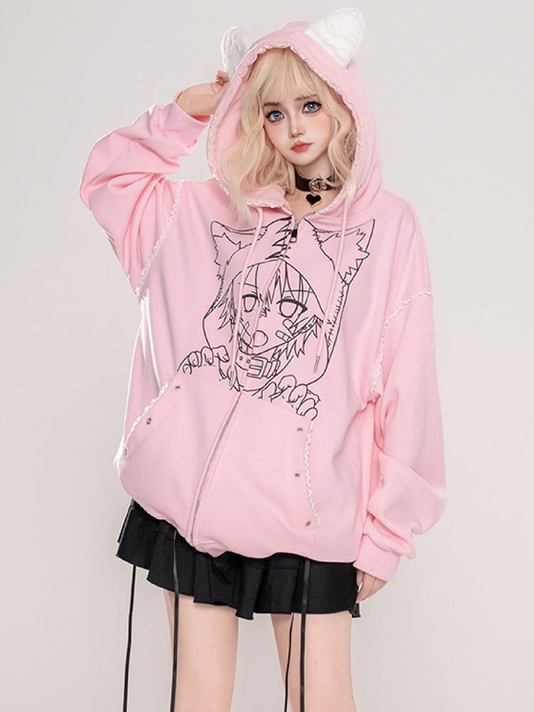 Punk Black/Pink Anime Girl Print Cat Ears Zip Hoodie