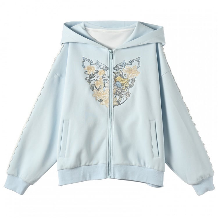 Blue/White Alice in Wonderland Embroidered Zip Closure Hoodie