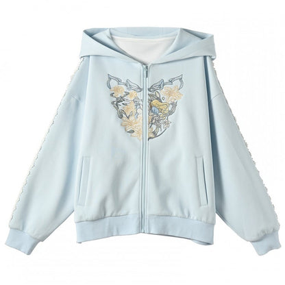 Blue/White Alice in Wonderland Embroidered Zip Closure Hoodie