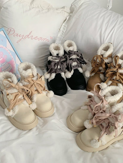 Fleece Winter with 5.5cm System Heel Brown Closure - Hybrid Boots Lolita Cozy Sweet