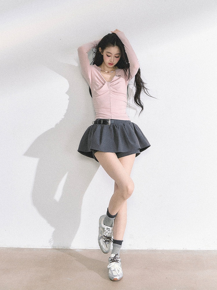 Details Neckline Ruched Light Pink Bead Design Top