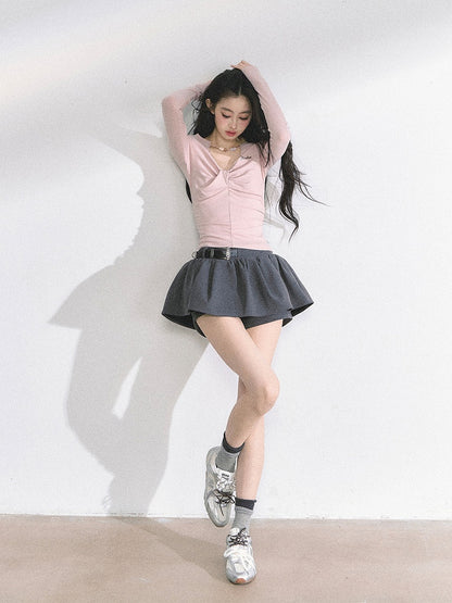 Details Neckline Ruched Light Pink Bead Design Top