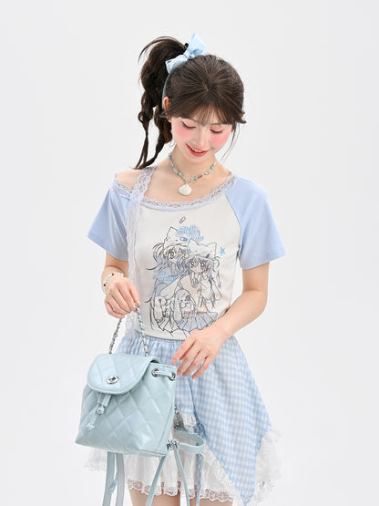 ライトブルーデザイン アニメガールプリントTシャツ カラーブロック ショート/ロングバージョン