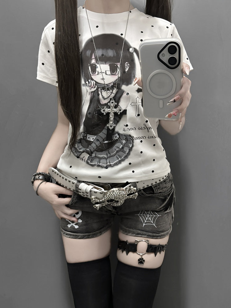 Polka T-Shirt Cartoon / with Print and Gray Cross White Dots
