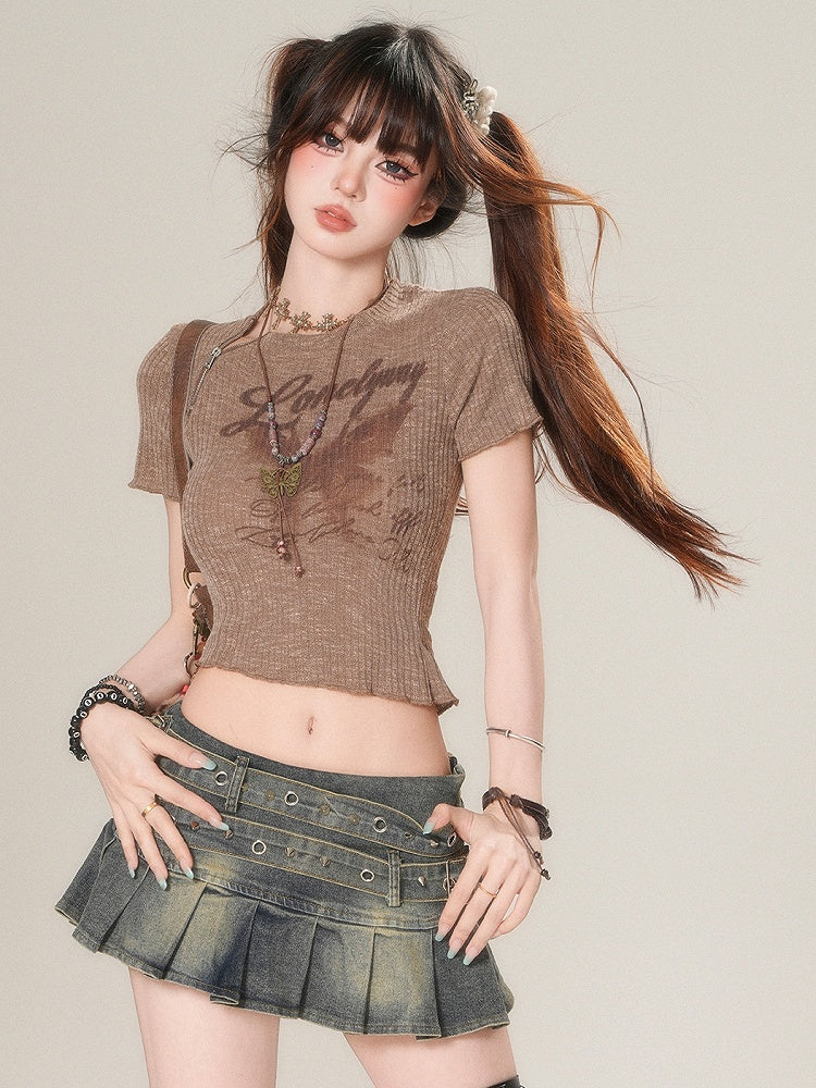 Butterfly Bittersweet Print T-shirt And Brown Letter Glamorous