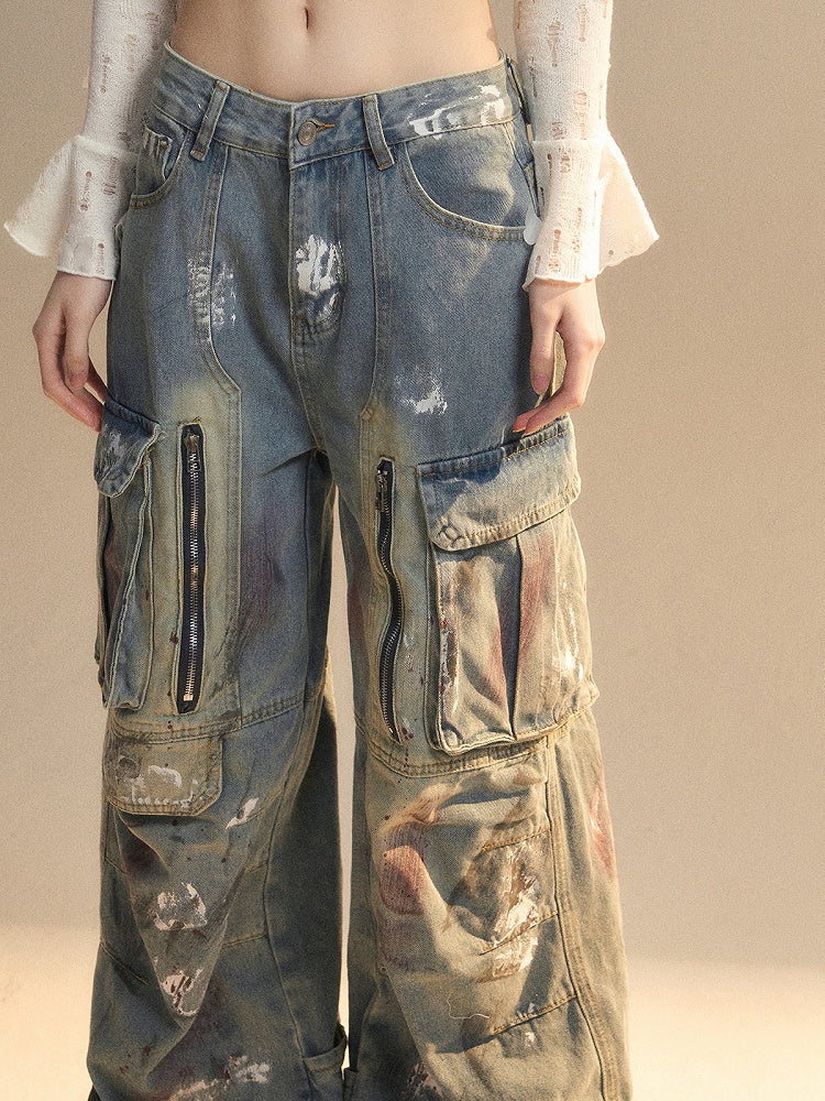 Blue Distressed Wide-Leg Jeans with Cargo Pockets and Zippers - Shao Ye Yan