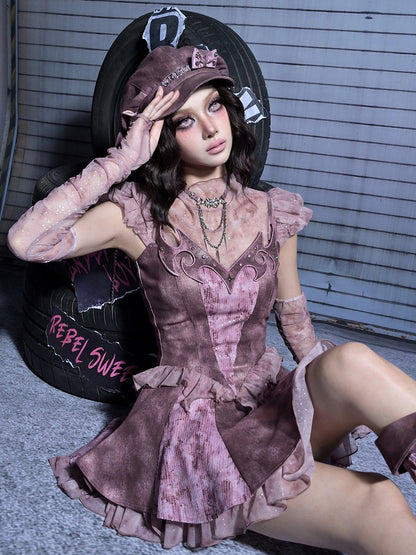 Slip Denim Y2K Totem Embroidery with Punk Ruffles Dress Dusty Pink Studded Tiered Tulle Rhinestoned