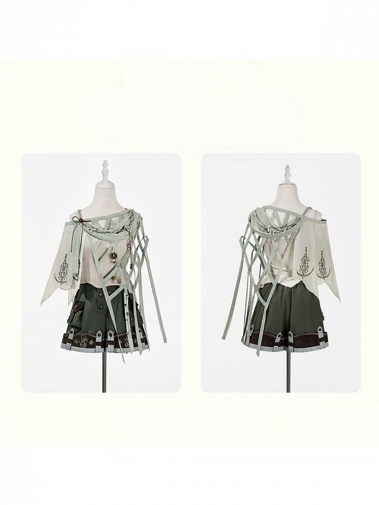 White Sleeveless Top + Asymmetrical Cutout Cape + Dark Green Multi-Button Shorts Set - Unknown Star