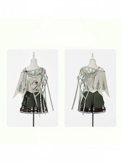 White Sleeveless Top + Asymmetrical Cutout Cape + Dark Green Multi-Button Shorts Set - Unknown Star