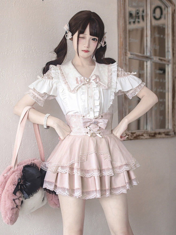 Landmine Style Pink & White Lace Cutout Shoulder Short Sleeve Blouse with Ruffle Details - Ekomi