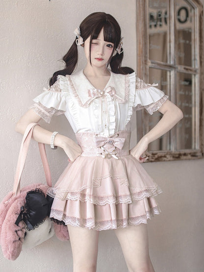 Landmine Style Pink & White Lace Cutout Shoulder Short Sleeve Blouse with Ruffle Details - Ekomi