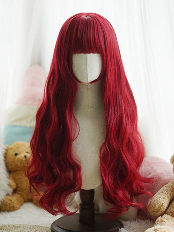 Orange Waist Length Wavy Wig With Full Bangs