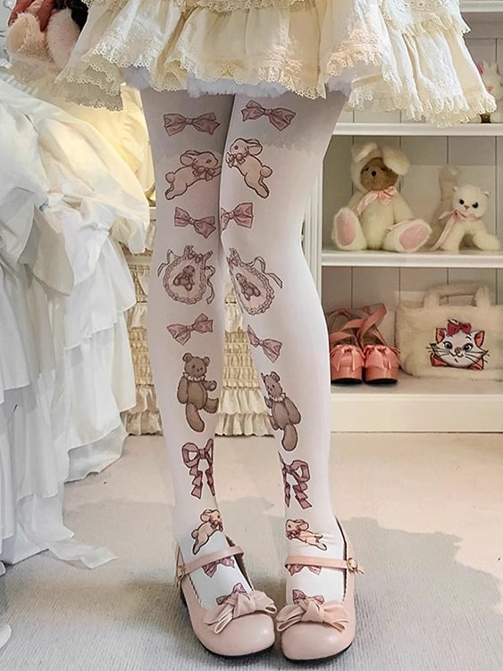 ブラウン/ピンクのウサギとクマのスイートロリータタイツ