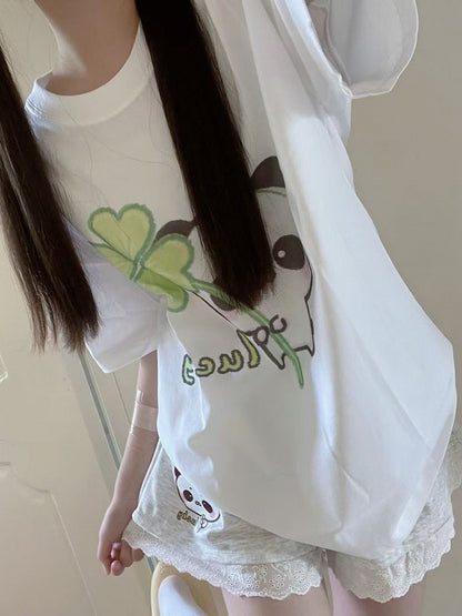 White - Crew Four-leaf with Neck Panda Cotton T-shirt Clover Print