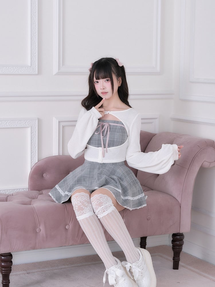 White Ryousangata Knit Cardigan - Dress + Fashion Matching Shorts Gray Plaid Set Three-Piece