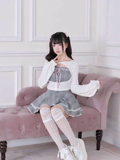 White Ryousangata Knit Cardigan - Dress + Fashion Matching Shorts Gray Plaid Set Three-Piece