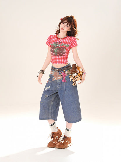 レッドチェック柄ラウンドフルーツプリントクロップドTシャツネック