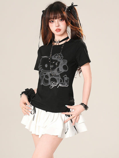 レターブラック/ホワイトキティビタースイートTシャツプリントとグラマラス