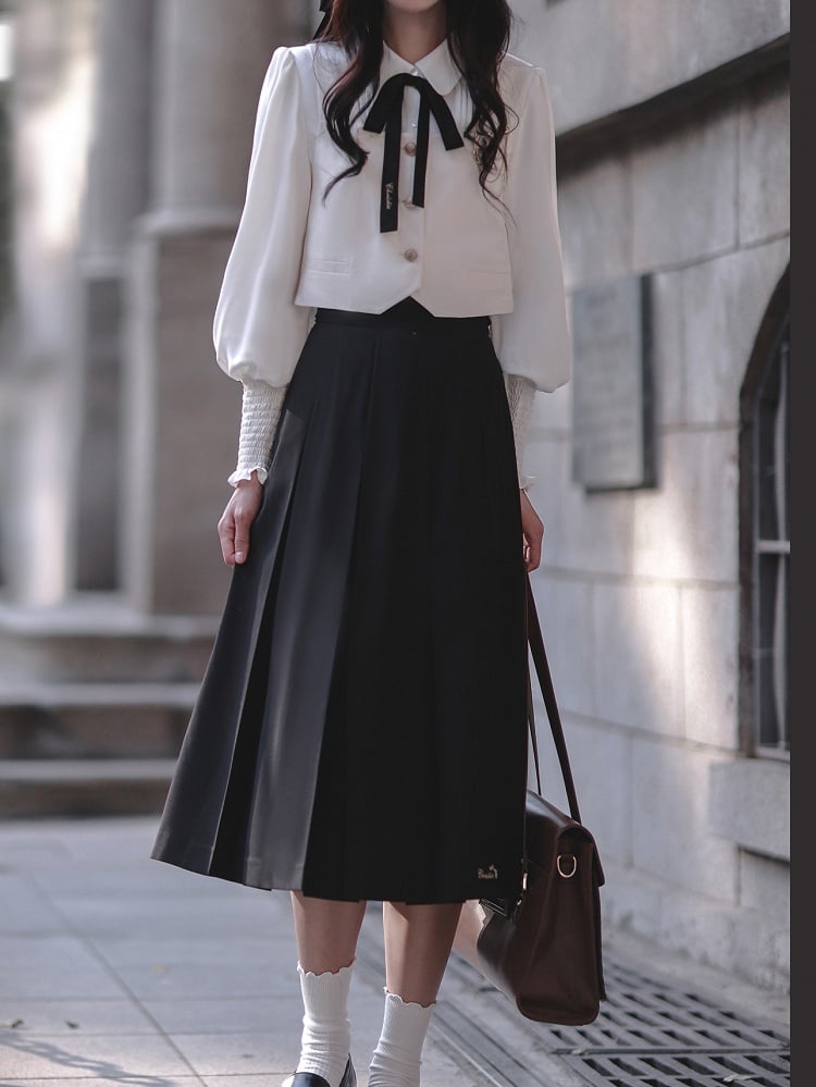 Sleeves Chiffon Blouse with Bishop Details Pleating Collar Shirt White